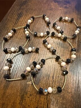 Elegant Black and Cream Beaded Stretch Bracelet Set